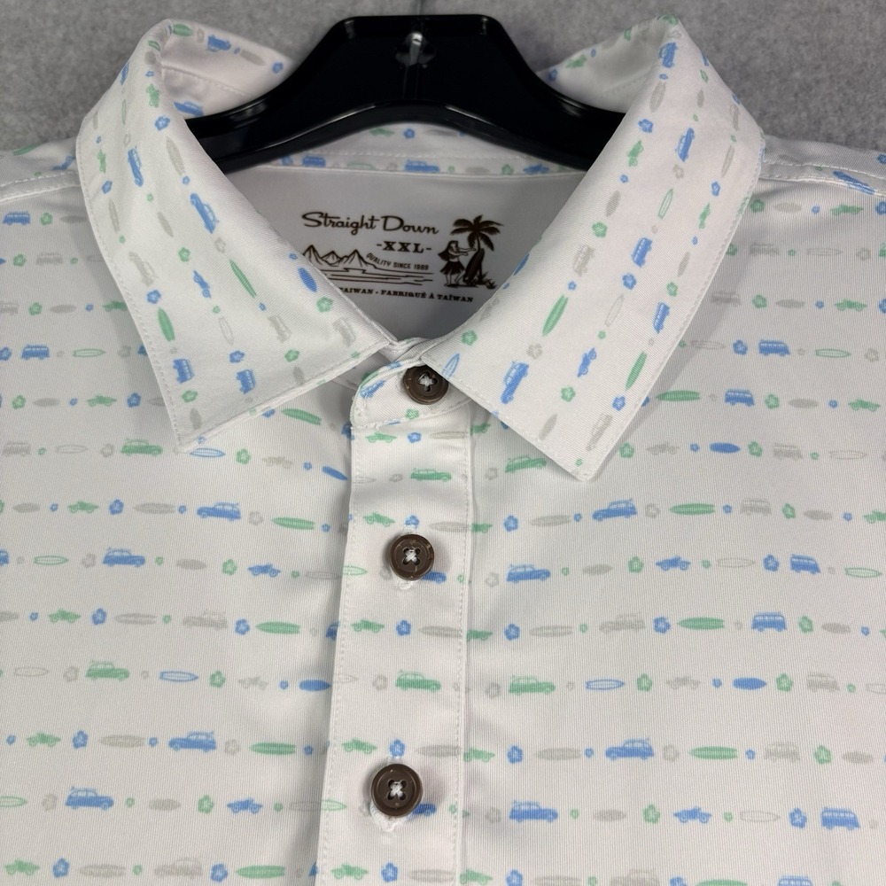 Straight Down Polo Shirt Men's 2XL White Cars Surf Boards Stretch Performance